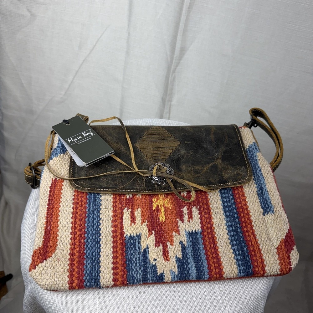 Myra Bag Crossbody Bag Womens Small Multicolor Canvas Leather Boho Tribal S-3073